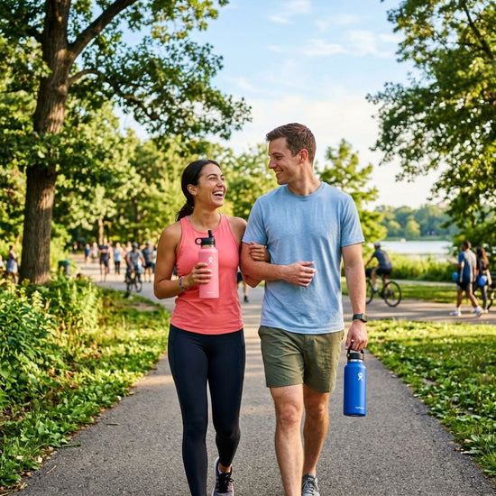 A man and a woman jogging together on a paved path in a sunny park. The woman wears a pink athletic tank top and black leggings, holding a pink water bottle.