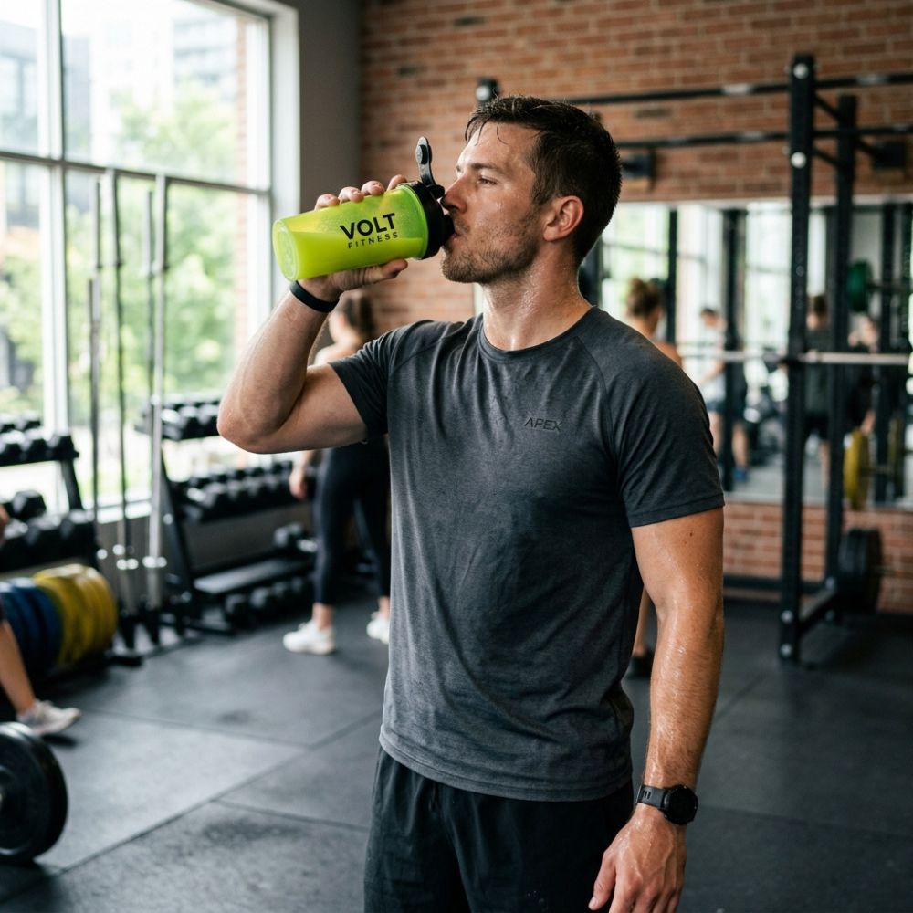 A man in a gym wearing a dark gray t-shirt and black shorts, drinking from a bright lime green Volt Water bottle. The background shows gym equipment, mirrors, and a brick wall.