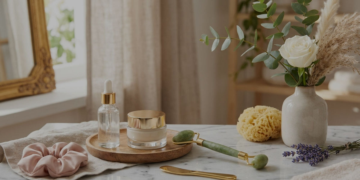 A styled tabletop scene with skincare and beauty items: a clear dropper bottle with a gold cap, a small gold-rimmed jar, a wooden tray, a green jade roller, a gold spatula, a pink scrunchie, a yellow sponge, and a white vase with flowers and dried grasses in a softly lit room.