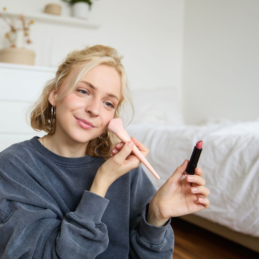 A woman with blonde hair wearing a gray sweatshirt holds a pink makeup brush and a pink lipstick in a brightly lit bedroom.