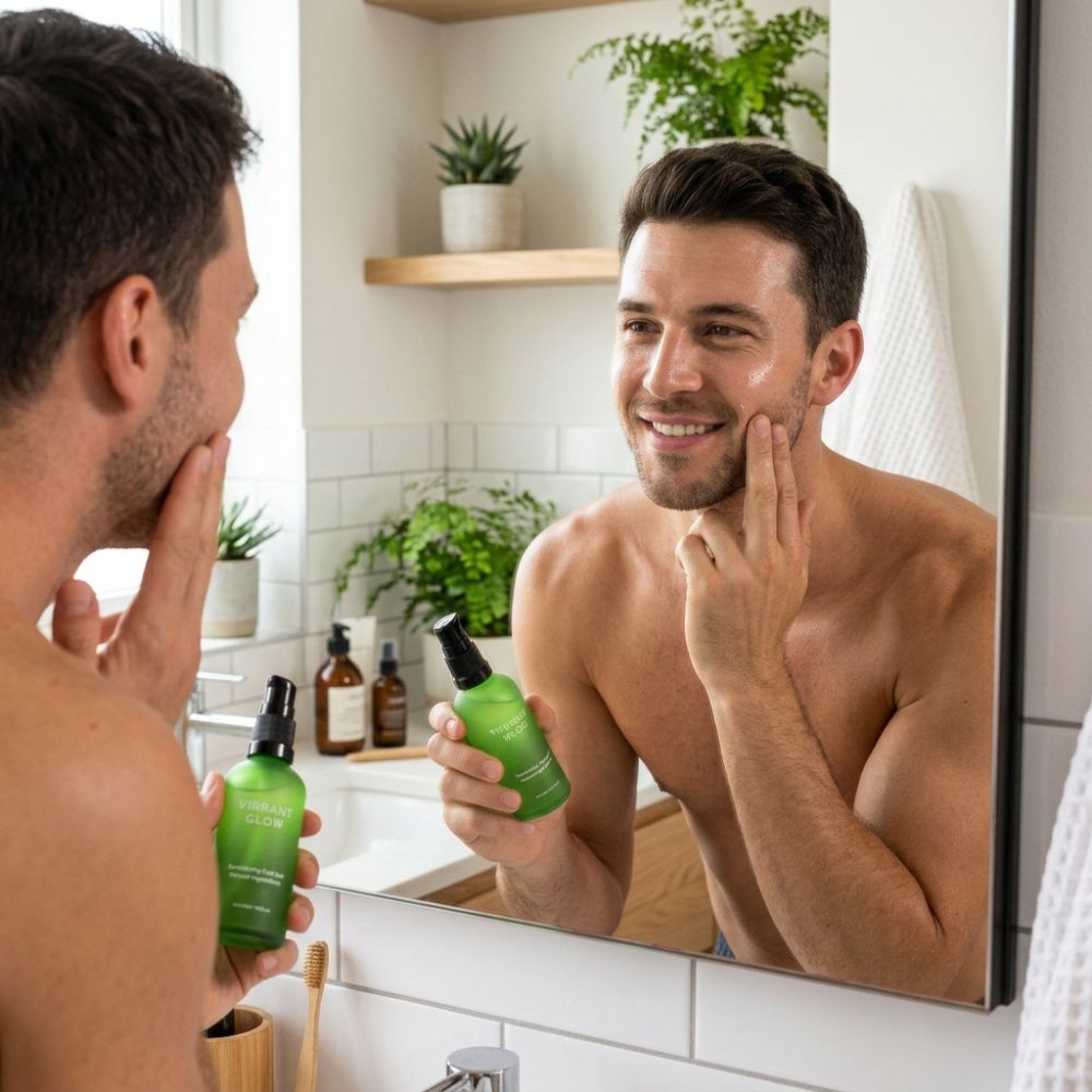 A man in a bathroom holds a green skincare pump bottle while looking at his reflection in a mirror. The bathroom has white tiles, wooden shelves with plants, and other skincare bottles on the counter.