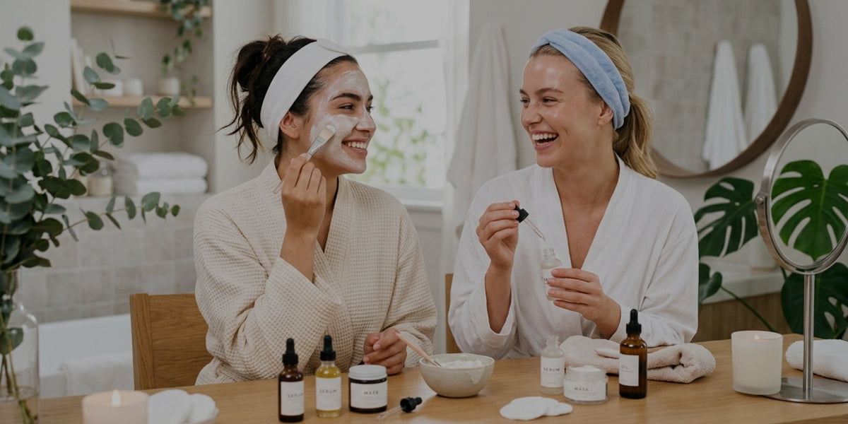 Two women in white bathrobes smile and laugh at a table while applying and removing face masks. Various skincare products in dropper bottles, jars, and cotton pads are arranged on the table, with a clean bathroom background featuring plants and a mirror.