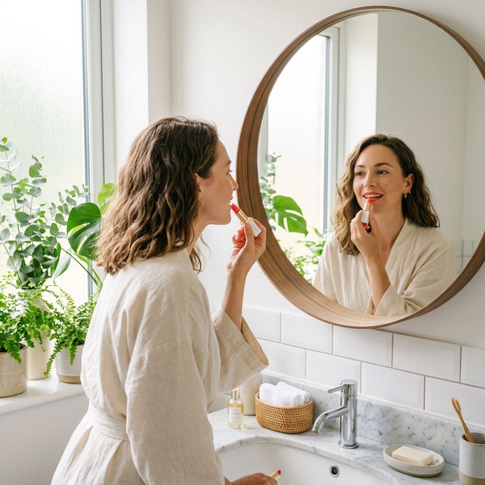 A woman in a cream bathrobe applies lipstick while looking into a large round wooden-framed mirror in a bright, modern bathroom with white subway tiles and potted green plants.